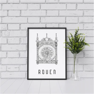 Affiche noir et blanc Rouen Normandie souvenirs 100% made in France idées cadeaux produits régionaux Albane H illustration