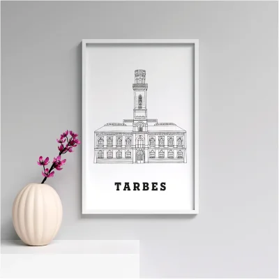 Affiche noir et blanc Tarbes Occitanie souvenirs 100% made in France idées cadeaux produits régionaux Albane H illustration