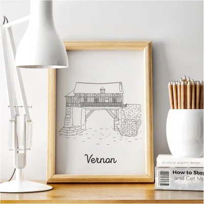 Affiche noir et blanc Vernon Normandie souvenirs 100% made in France idées cadeaux produits régionaux Albane H illustration