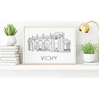 Affiche noir et blanc Vichy Auvergne Rhône Alpes Souvenirs 100% made in France idées cadeaux produits régionaux Albane H illustration