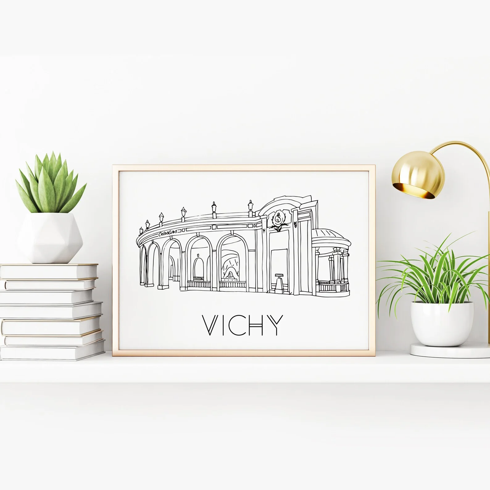 Affiche noir et blanc Vichy Auvergne Rhône Alpes Souvenirs 100% made in France idées cadeaux produits régionaux Albane H illustration