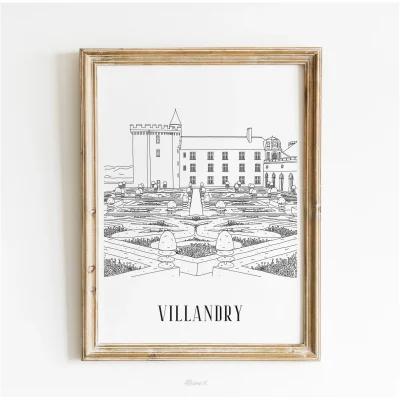Affiche noir et blanc Villandry Centre Val de Loire souvenirs 100% made in France idées cadeaux produits régionaux Albane H illustration