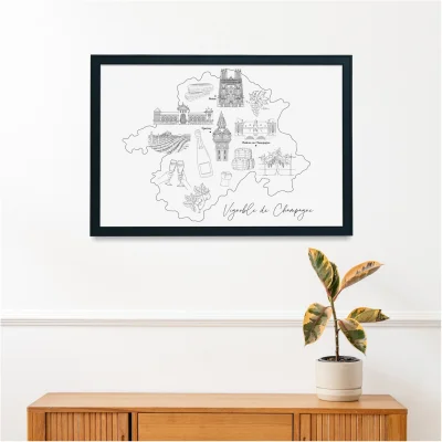 Affiche noir et blanc de Vignoble de Champagne Champagne Ardennes souvenirs 100% made in France idées cadeaux produits régionaux Albane H illustration