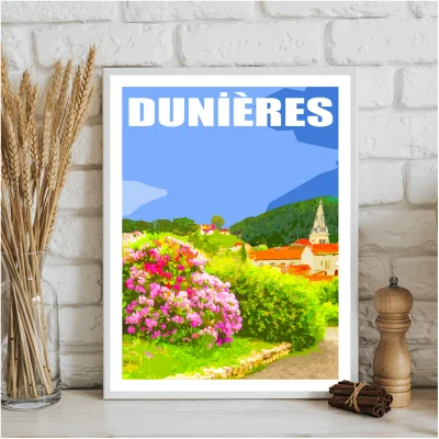 Affiche Dunières Haute Loire Auvergne colorée idée cadeau déco souvenirs 100% made in France
