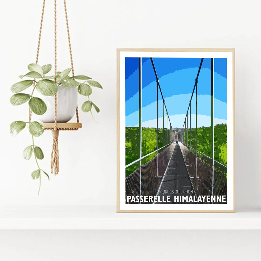 Affiche Passerelle Himalayenne des Gorges du Lignon Haute Loire Auvergne colorée idée cadeau déco souvenirs 100% made in France