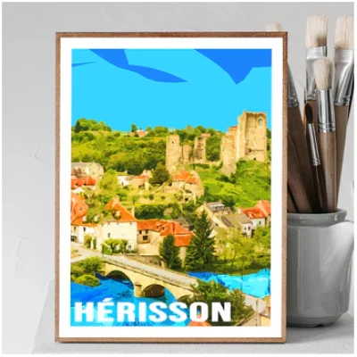 Affiche Hérisson Allier Auvergne colorée idée cadeau déco souvenirs 100% made in France
