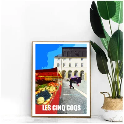 Affiche Les cinq coqs Yssingeaux Haute Loire Auvergne colorée idée cadeau déco souvenirs 100% made in France