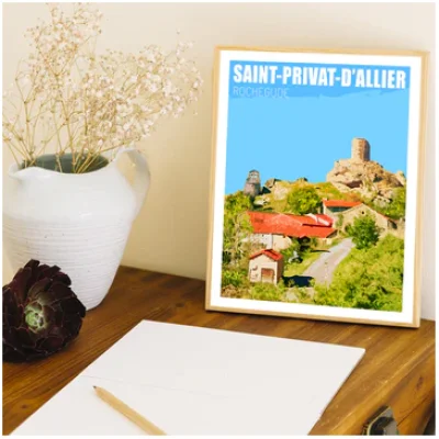 Affiche Saint Privat d'Allier Haute Loire Auvergne colorée idée cadeau déco souvenirs 100% made in France
