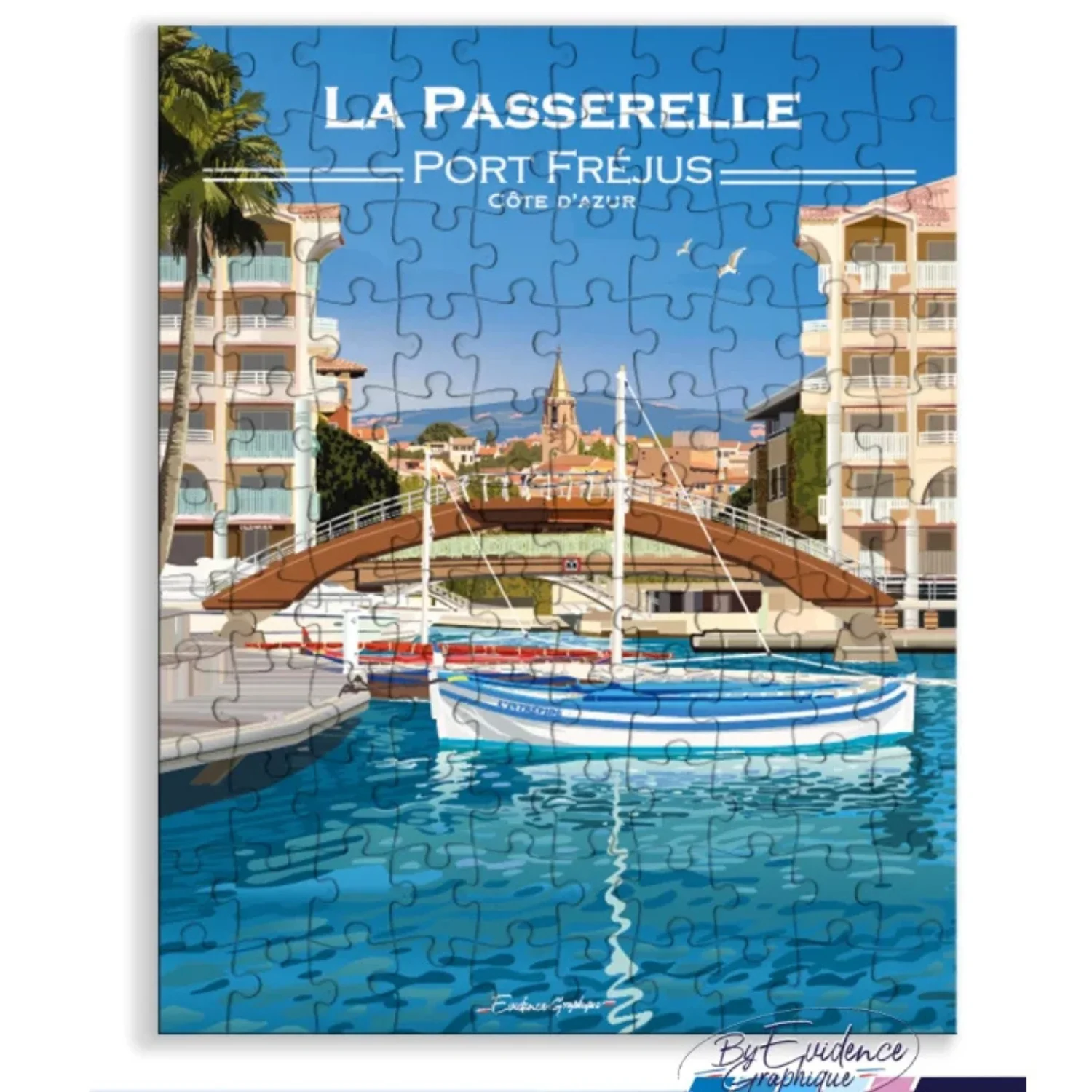 Puzzle Fréjus Passerelle port ville provence alpes côte d'azur 110 pièces evidence graphique souvenirs 100% made in france idée déco cadeau coloré chaleureux illustration