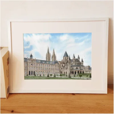 Affiche Aquarelle l'Abbaye aux hommes Caen Calvados Normandie Emma de Morel SOUVENIRS 100% Made in France