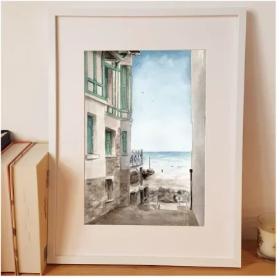Affiche Reproduction Aquarelle Emma de Morel digue d'Agon Coutainville Manche Normandie Souvenirs 100% made in France