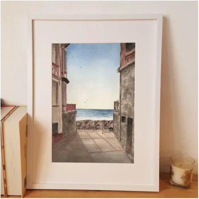 Affiche Reproduction Aquarelle Emma de Morel Ou se promener sur la digue d'Agon Coutainville Manche Normandie Souvenirs 100% made in France