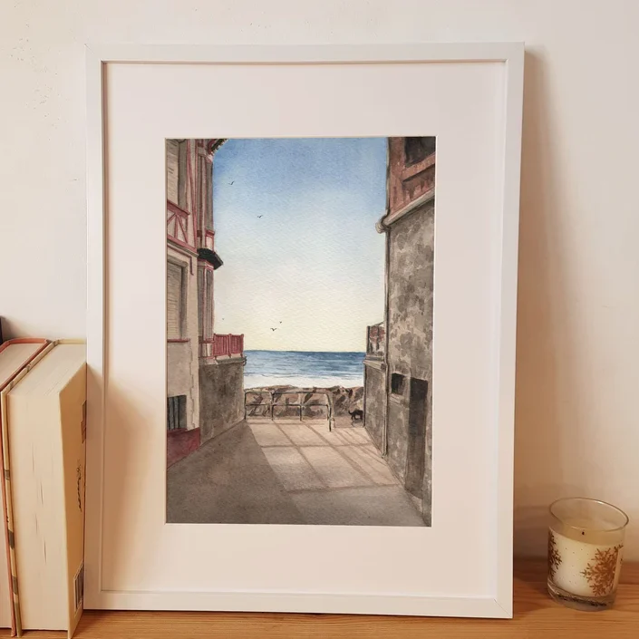 Affiche Reproduction Aquarelle Emma de Morel Ou se promener sur la digue d'Agon Coutainville Manche Normandie Souvenirs 100% made in France