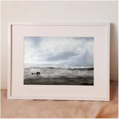 Reproduction aquarelle plage Agon coutainville Manche Normandie Emma de MOREL Souvenirs 100% Made in France