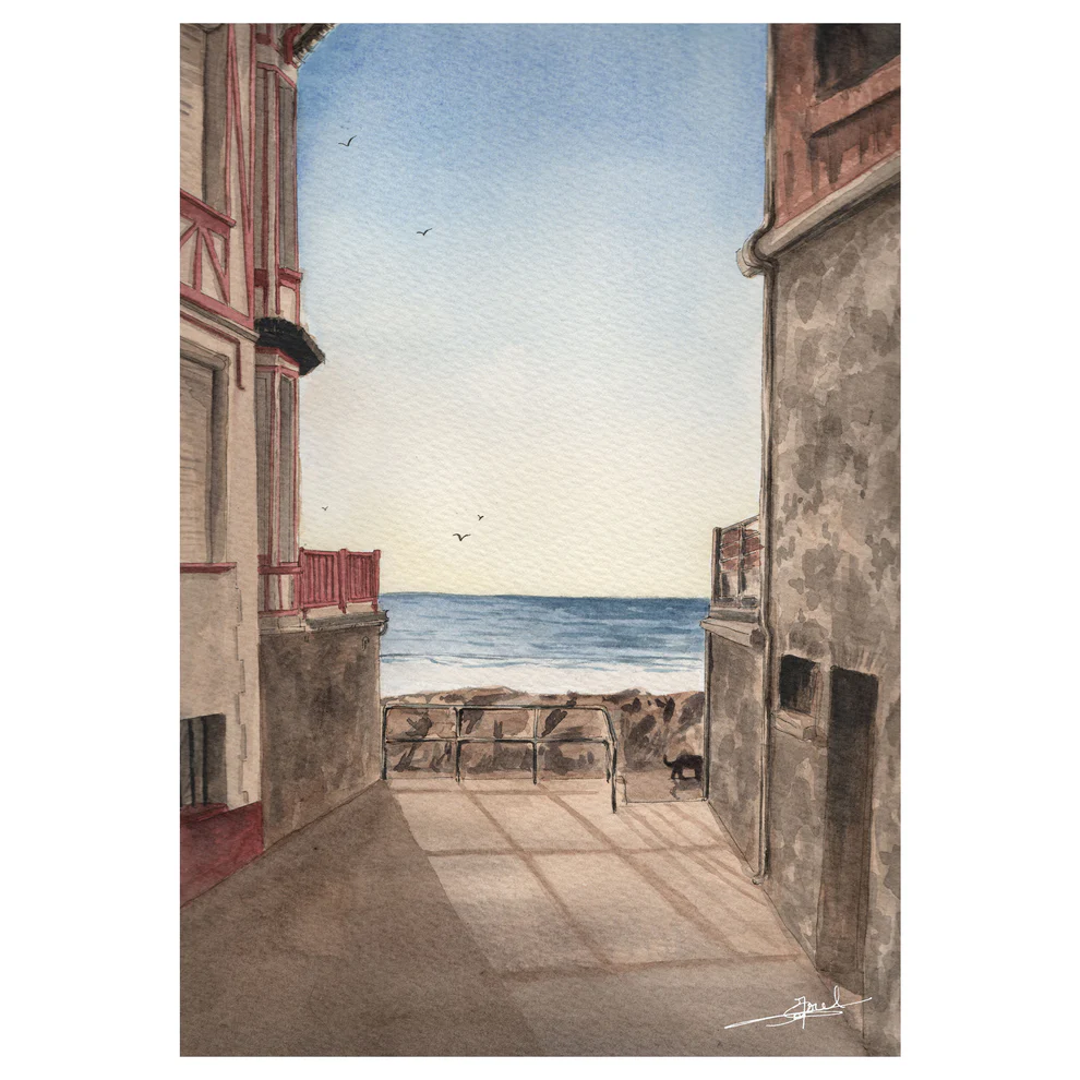 Affiche Aquarelle - "La digue et ses maisons colorées" Agon-Coutainville - Imagen 2