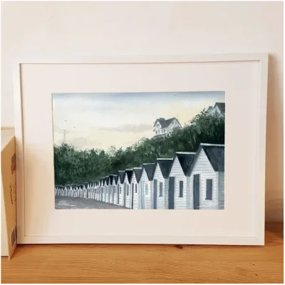 Affiche Reproduction Aquarelle Emma de Morel cabines plage Carteret Manche Normandie Souvenirs 100% made in France