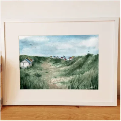 Affiche Reproduction Aquarelle Emma de Morel cabanes de Gouville sur Mer Normandie Souvenirs 100% made in France