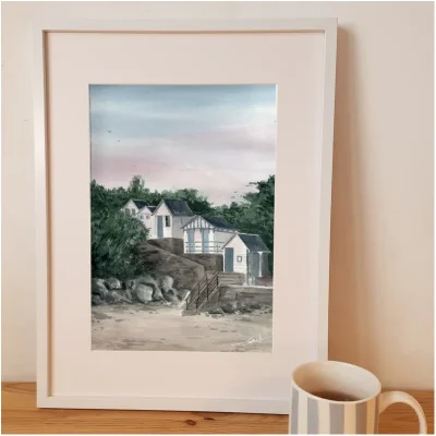 Affiche Aquarelle Cabines en escalier Carteret Manche Normandie Emma de Morel souvenirs 100% made in France