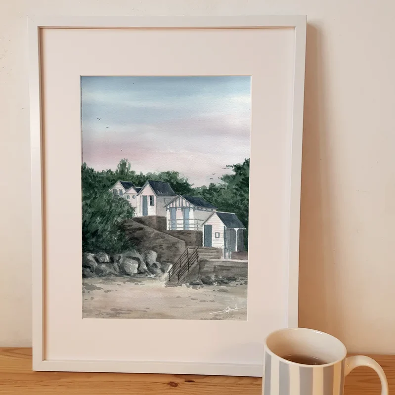 Affiche Aquarelle Cabines en escalier Carteret Manche Normandie Emma de Morel souvenirs 100% made in France