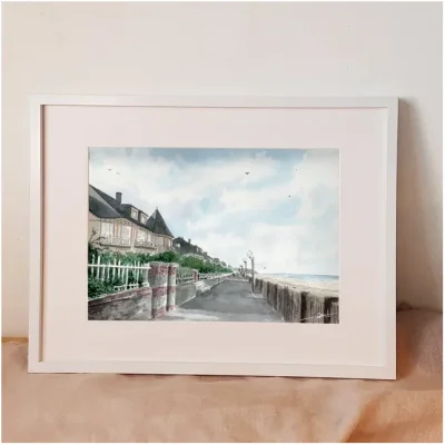 Affiche reproduction aquarelle Emma de Morel Normandie Jullouville les pins Souvenirs 100% made in France la digue promenade
