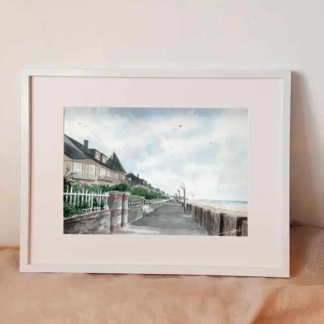 Affiche reproduction aquarelle Emma de Morel Normandie Jullouville les pins Souvenirs 100% made in France la digue promenade