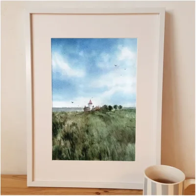 Affiche Reproduction Aquarelle Emma de Morel phare d'Agon Coutainville Manche Normandie Souvenirs 100% made in France