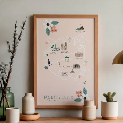 Affiche illustrée Carte Montpellier Occitanie souvenir souvenirs 100% Made in France idées cadeaux graphiste Slowing out city guide