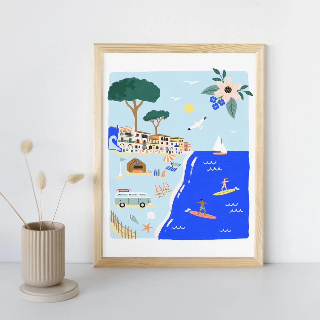 Affiche Hossegor Côte Landaise Nouvelle Aquitaine illustration slowing out Amélie Broddes A3 souvenirs 100% made in France