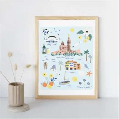 Affiche Marseille Provence Alpes Côte d'Azur souvenir souvenirs 100% Made in France idées cadeaux graphiste Slowing out city guide