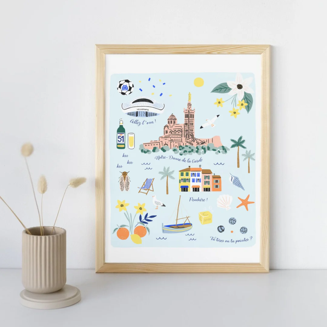 Affiche Marseille Provence Alpes Côte d'Azur souvenir souvenirs 100% Made in France idées cadeaux graphiste Slowing out city guide