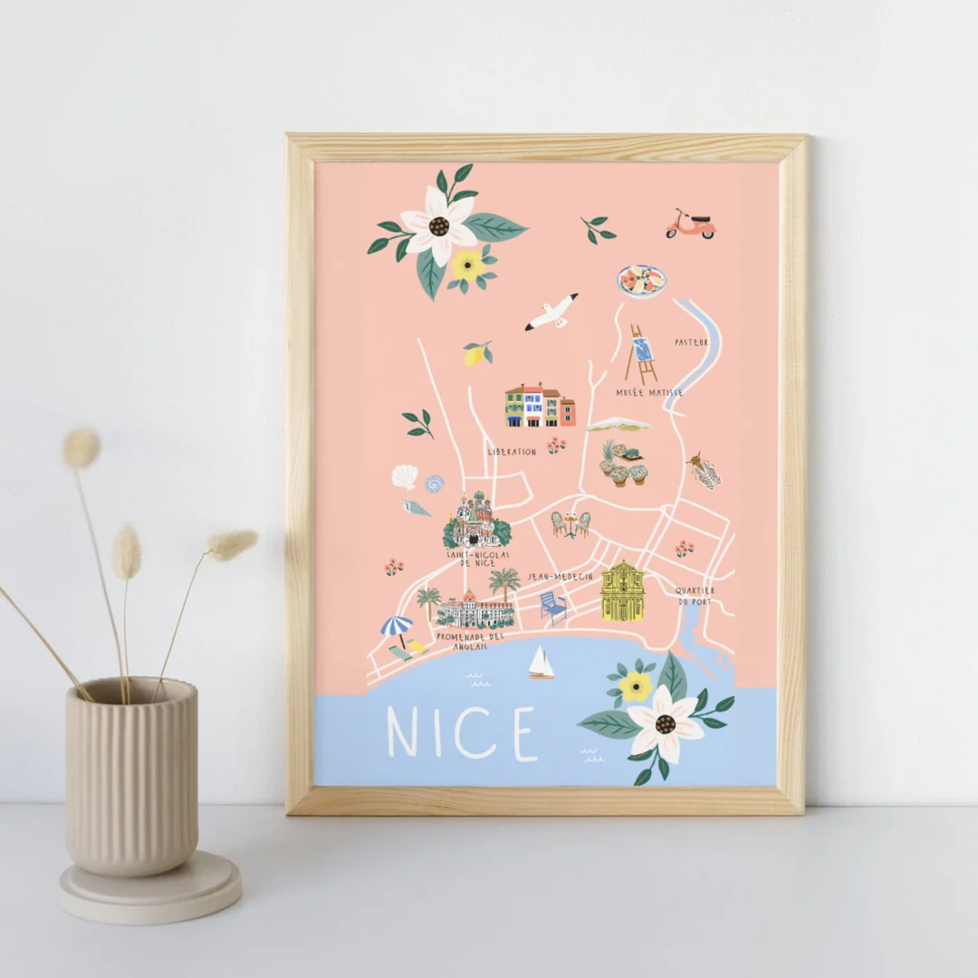 Affiche Nice Provence Alpes Côte d'Azur souvenir souvenirs 100% Made in France idées cadeaux graphiste Slowing out city guide