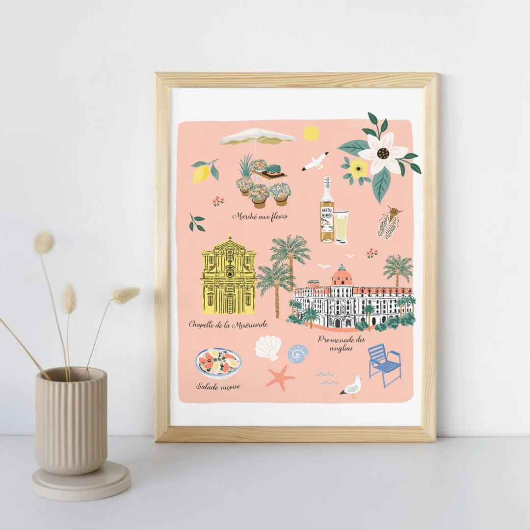 Affiche Nice Provence Alpes Côte d'Azur souvenir souvenirs 100% Made in France idées cadeaux graphiste Slowing out city guide