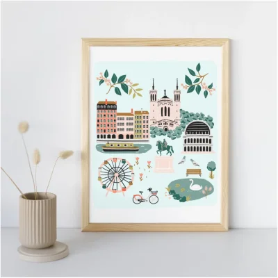 Affiche Lyon Auvergne Rohône Alpes illustration slowing out Amélie Broddes A3 souvenirs 100% made in France