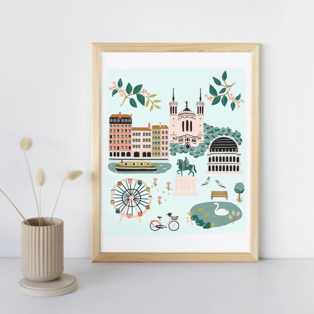 Affiche Lyon Auvergne Rohône Alpes illustration slowing out Amélie Broddes A3 souvenirs 100% made in France