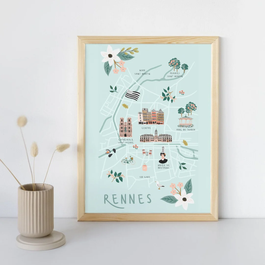 Affiche Rennes Bretagne souvenir souvenirs 100% Made in France idées cadeaux graphiste Slowing out city guide