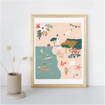 Affiche Biarritz Côte Basque Nouvelle Aquitaine illustration slowing out Amélie Broddes A3 souvenirs 100% made in France
