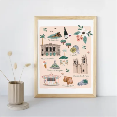 Affiche illustrée Montpellier Occitanie souvenir souvenirs 100% Made in France idées cadeaux graphiste Slowing out city guide