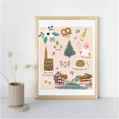 Affiche illustrée Carte strasbourg Grand Est souvenir souvenirs 100% Made in France idées cadeaux graphiste Slowing out city guide