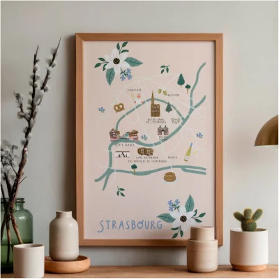 Affiche illustrée Carte strasbourg Grand Est souvenir souvenirs 100% Made in France idées cadeaux graphiste Slowing out city guide
