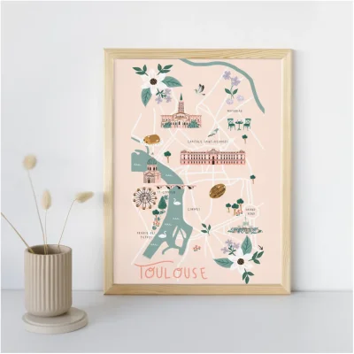 Affiche illustrée Toulouse Occitanie souvenir souvenirs 100% Made in France idées cadeaux graphiste Slowing out city guide