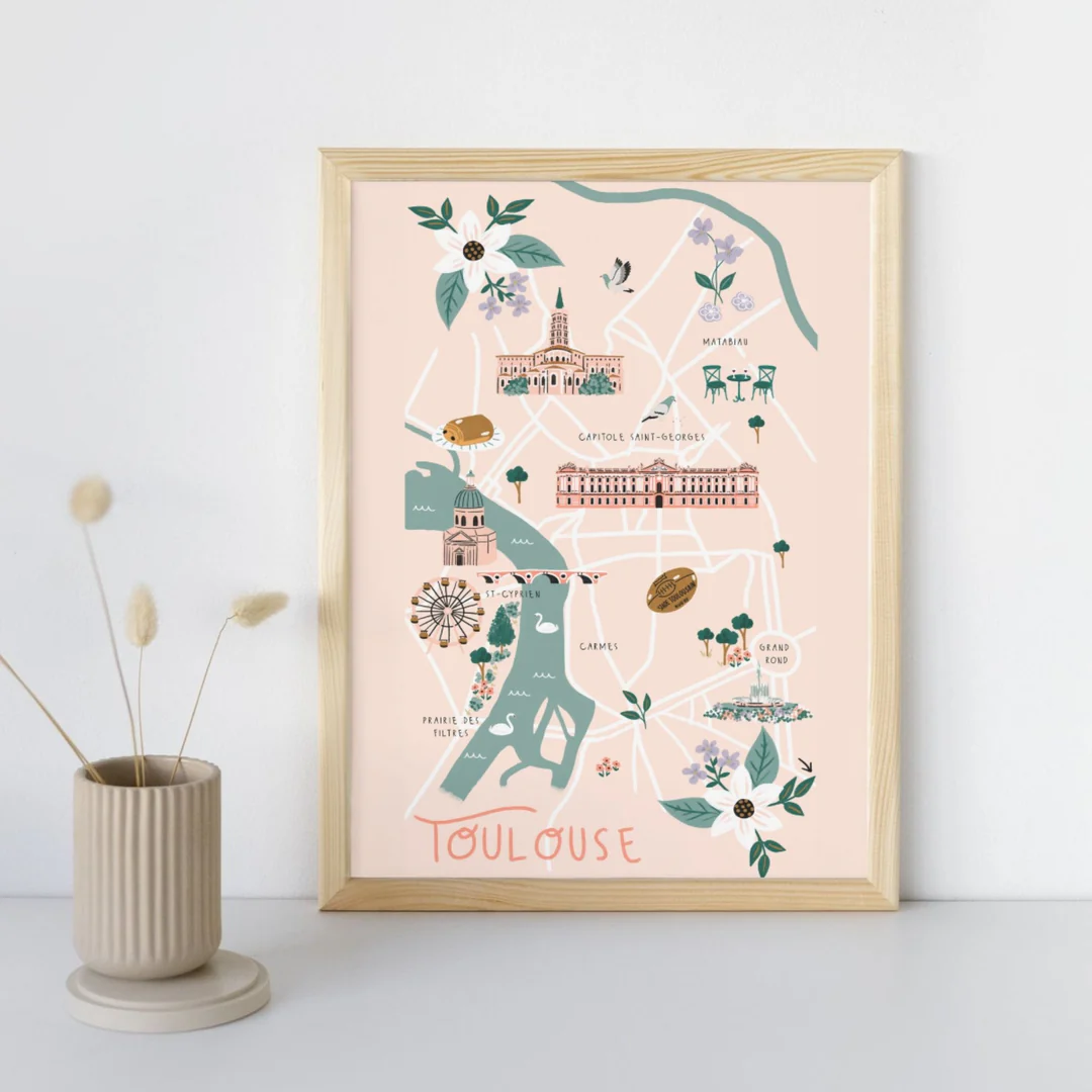 Affiche illustrée Toulouse Occitanie souvenir souvenirs 100% Made in France idées cadeaux graphiste Slowing out city guide