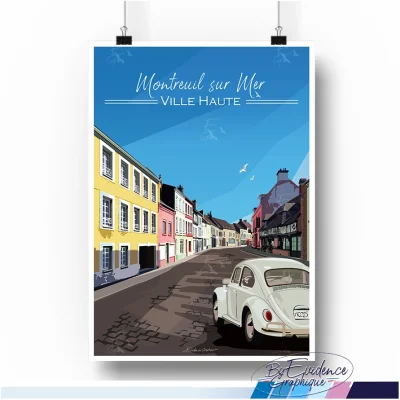 Affiche Montreuil sur Mer Côte d'Opale La ville haute maisons colorées evidence graphique hauts de france le touquet plage idée cadeau / décoration made in france souvenirs