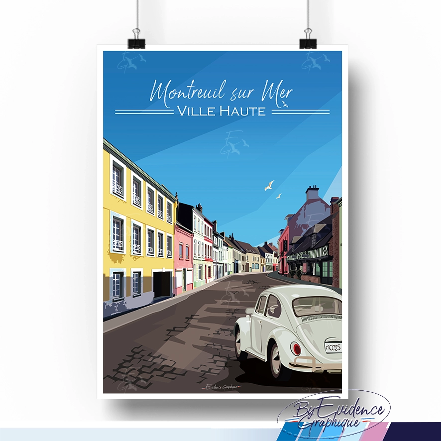 Affiche Montreuil sur Mer Côte d'Opale La ville haute maisons colorées evidence graphique hauts de france le touquet plage idée cadeau / décoration made in france souvenirs