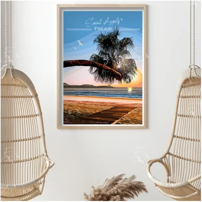 Affiche plage Saint Aygulf fréjus Palmier provence alpes côte d'azur évidence graphique illustratrice graphiste idée cadeau souvenirs décoration airbnb 100% made in france