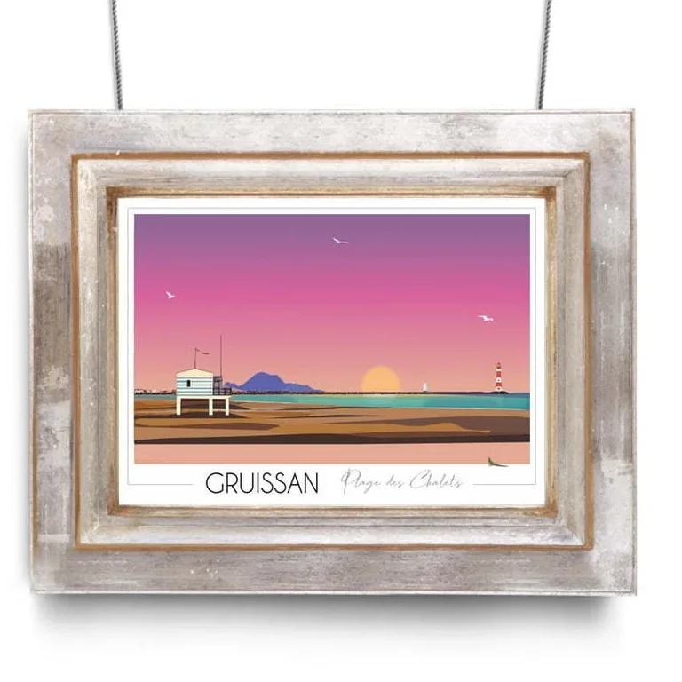 Affiche Gruissan plage Pyrénées Orientales Occitanie Foliove SOUVENIRS 100% Made in France