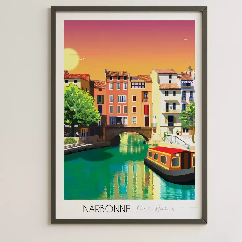 Affiche Narbonne Pont des Marchands Aude Occitanie Foliove SOUVENIRS 100% Made in France