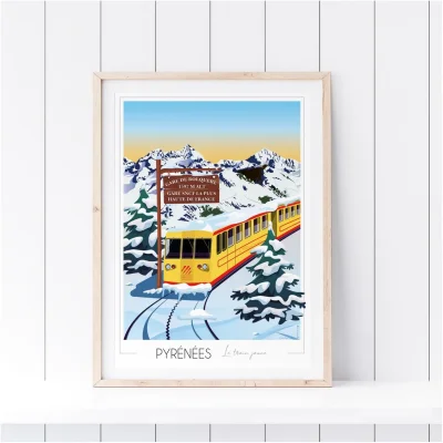 Affiche train jaune Pyrénées Orientales Occitanie Foliove SOUVENIRS 100% Made in France
