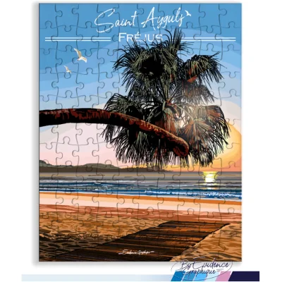 Puzzle plage Saint Aygulf fréjus palmier provence alpes côte d'azur évidence graphique illustratrice graphiste idée cadeau souvenirs décoration airbnb 100% made in france
