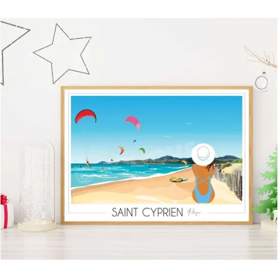 Affiche plage Saint Cyprien Pyrénées orientales Occitanie Foliove SOUVENIRS 100% Made in France