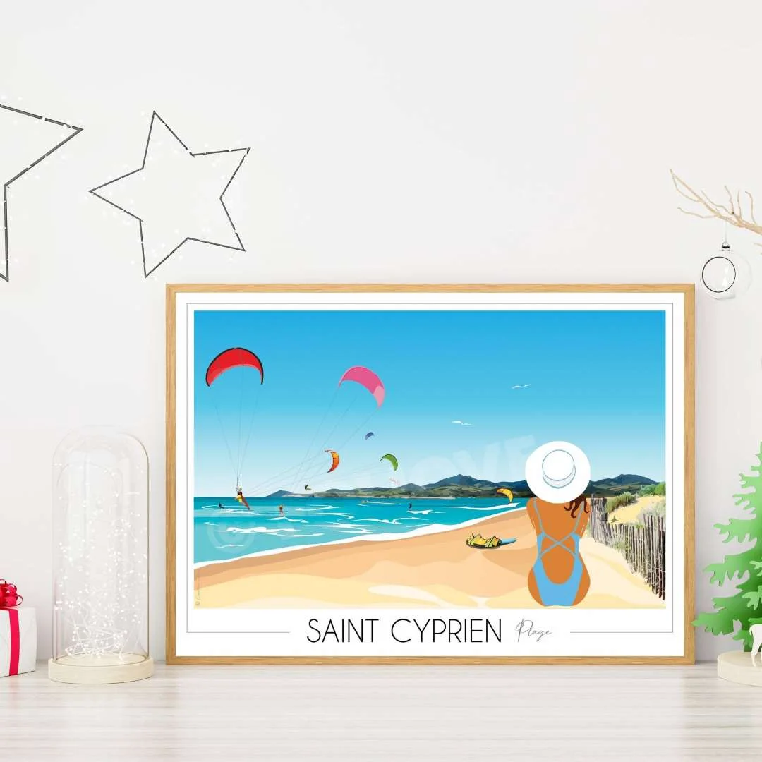 Affiche plage Saint Cyprien Pyrénées orientales Occitanie Foliove SOUVENIRS 100% Made in France